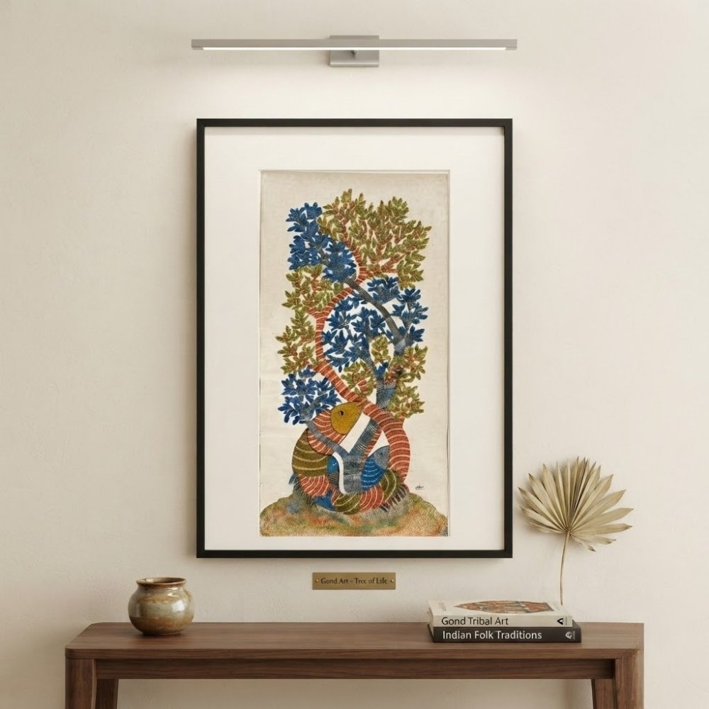 Original Gond Marine Life and Tree Painting – Handmade Vertical Indian Folk Art Canvas alternate view