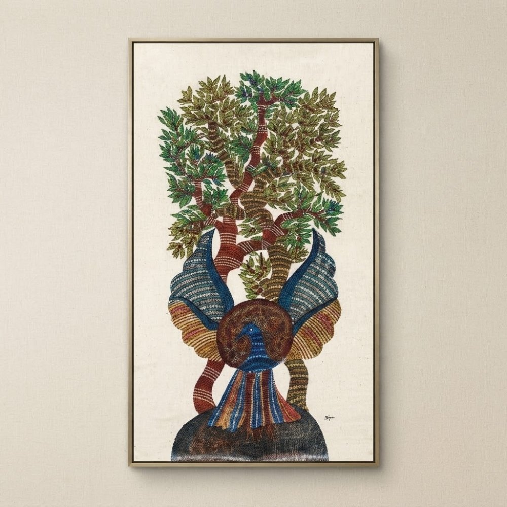 Authentic Hand-Painted "Peacock and Tree of Life" Gond Tribal Art