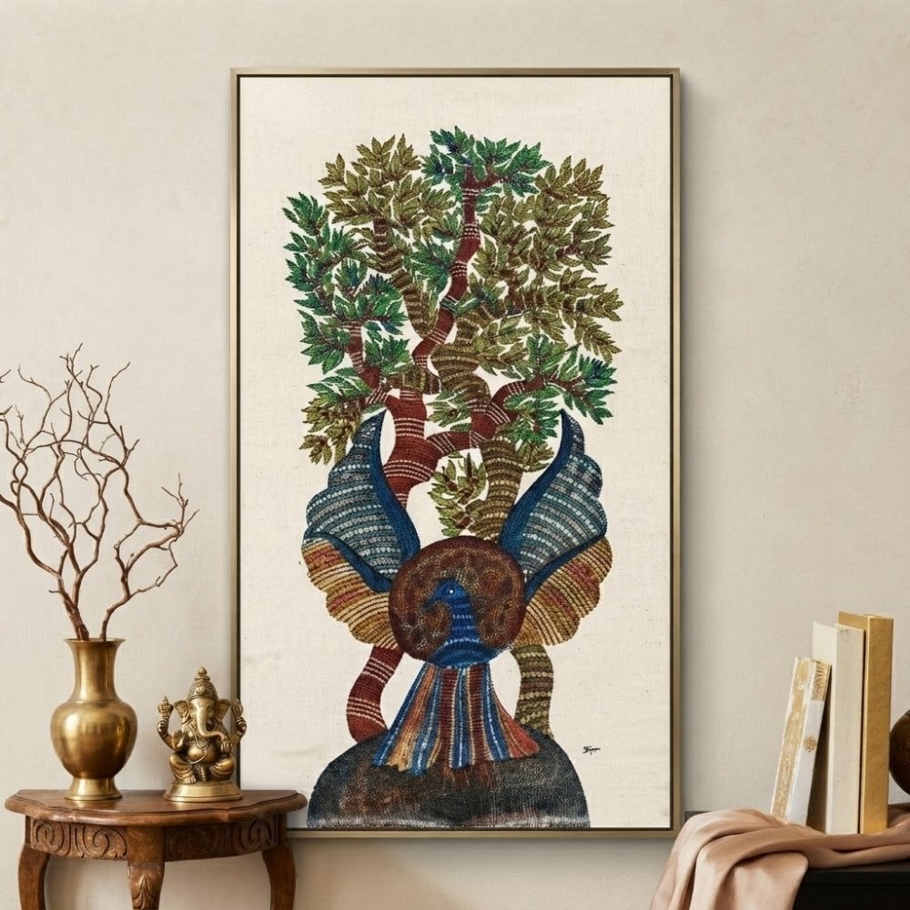 Authentic Hand-Painted "Peacock and Tree of Life" Gond Tribal Art alternate view