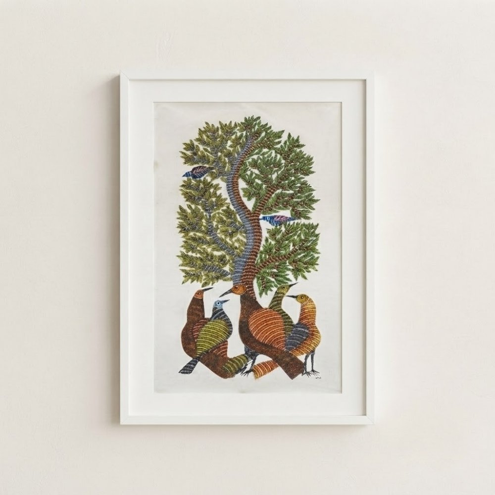 Authentic Gond Art Painting - Tree of Life with Mystical Birds