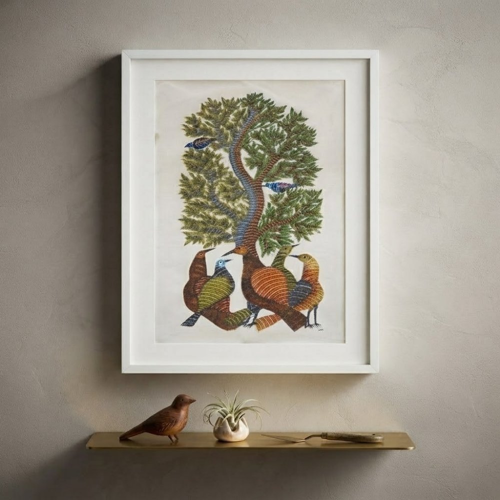 Authentic Gond Art Painting - Tree of Life with Mystical Birds alternate view