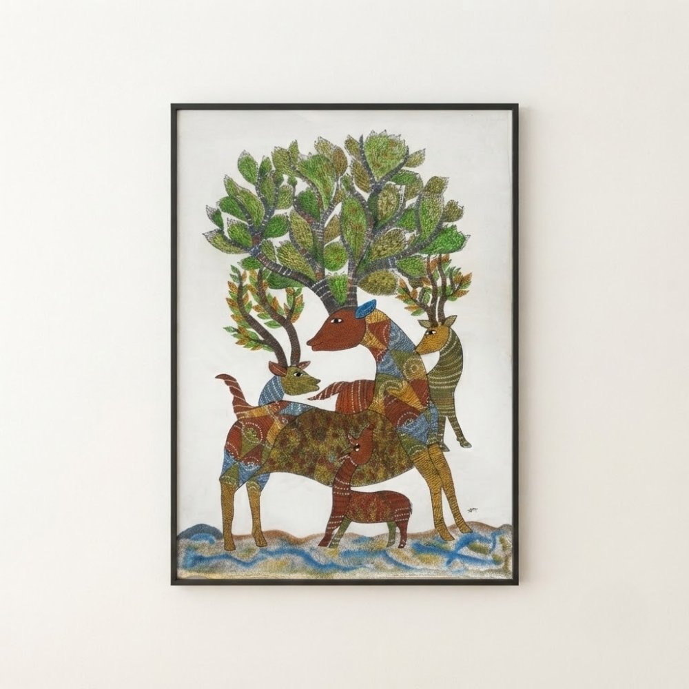 Handpainted Gond Art Painting - The Mystical Stag and Forest Family
