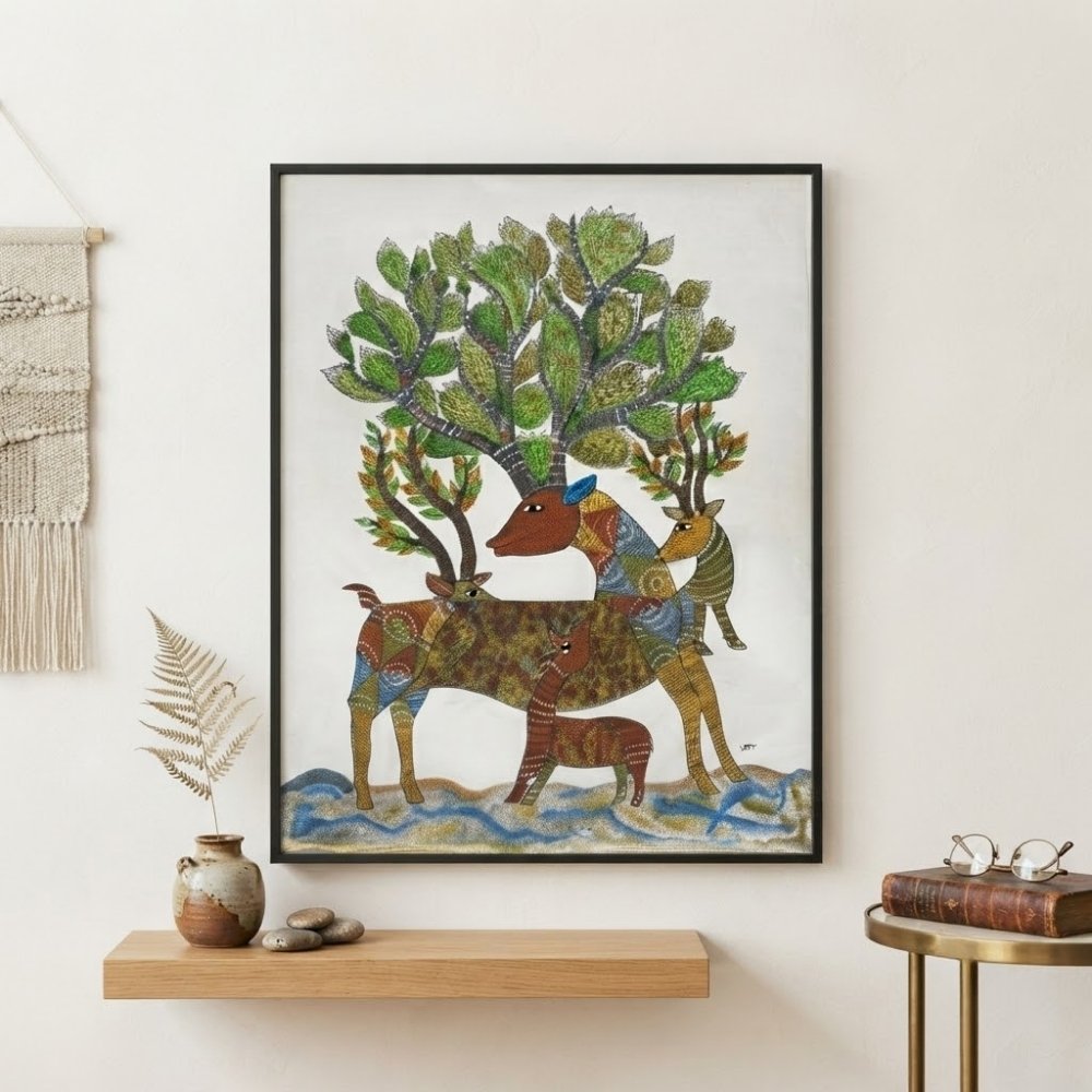 Handpainted Gond Art Painting - The Mystical Stag and Forest Family alternate view