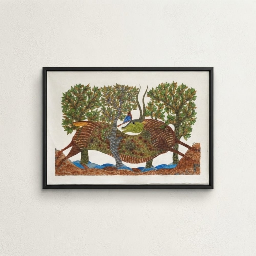 Gond Tribal Painting – The Majestic Horned Bull & Golden Oriole