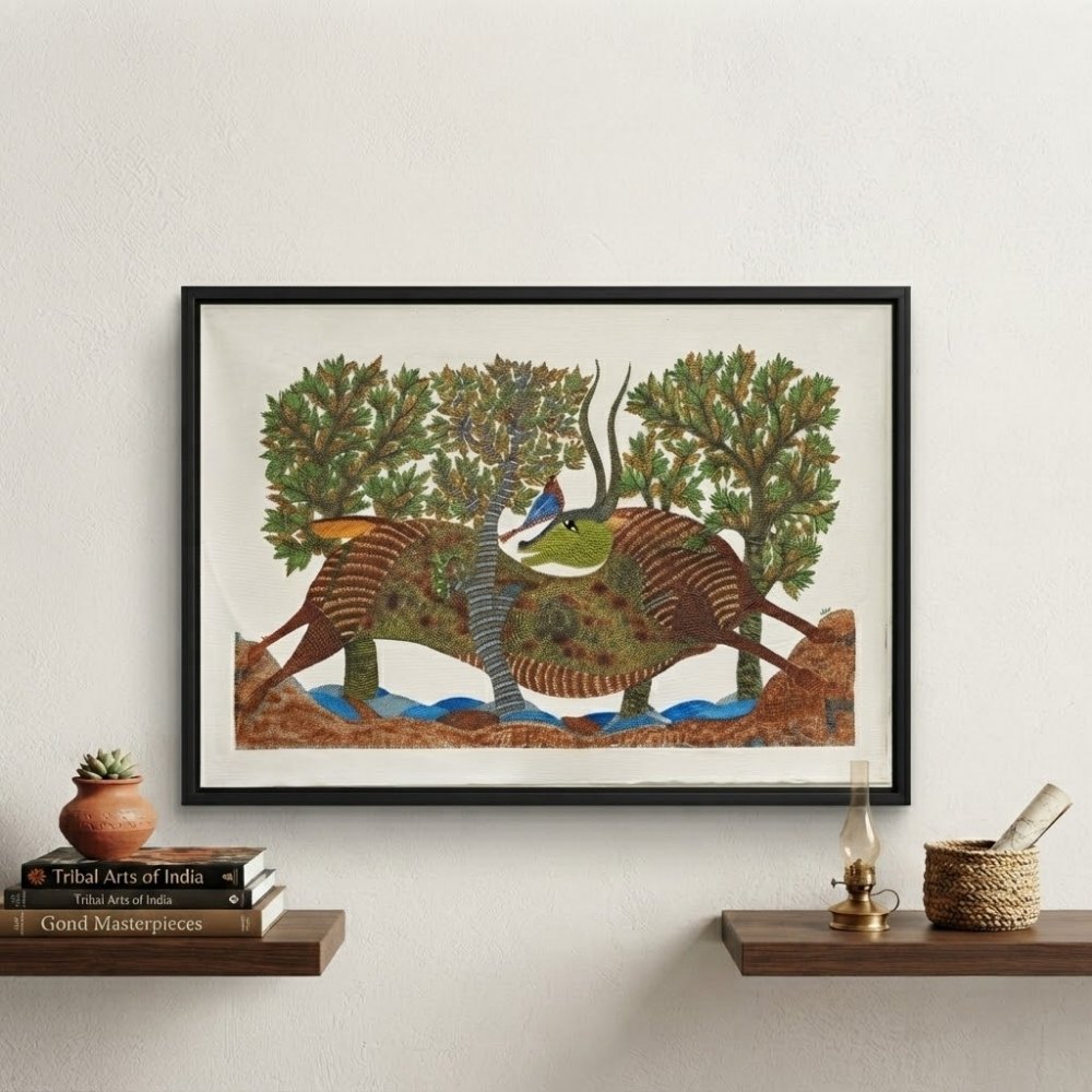 Gond Tribal Painting – The Majestic Horned Bull & Golden Oriole alternate view