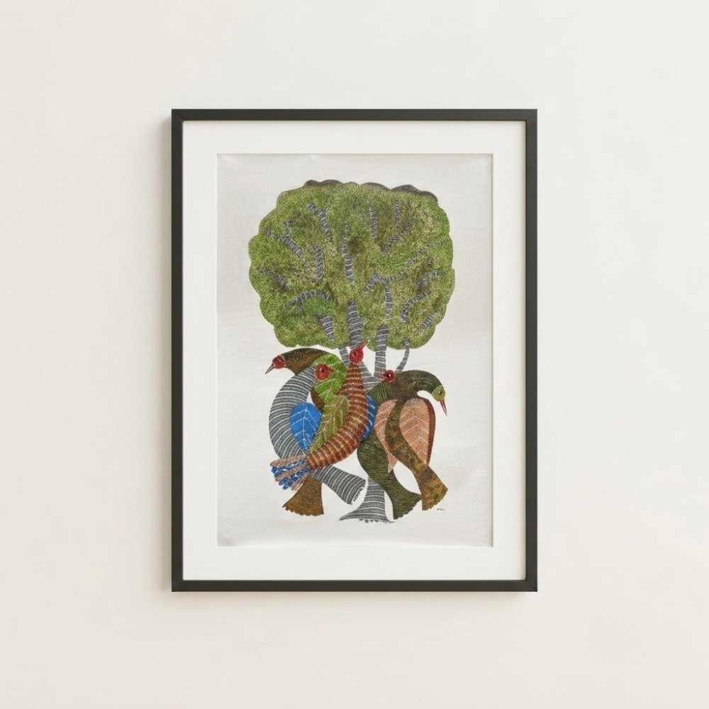 Gond Tribal Painting – The Sacred Tree and Guardian Birds