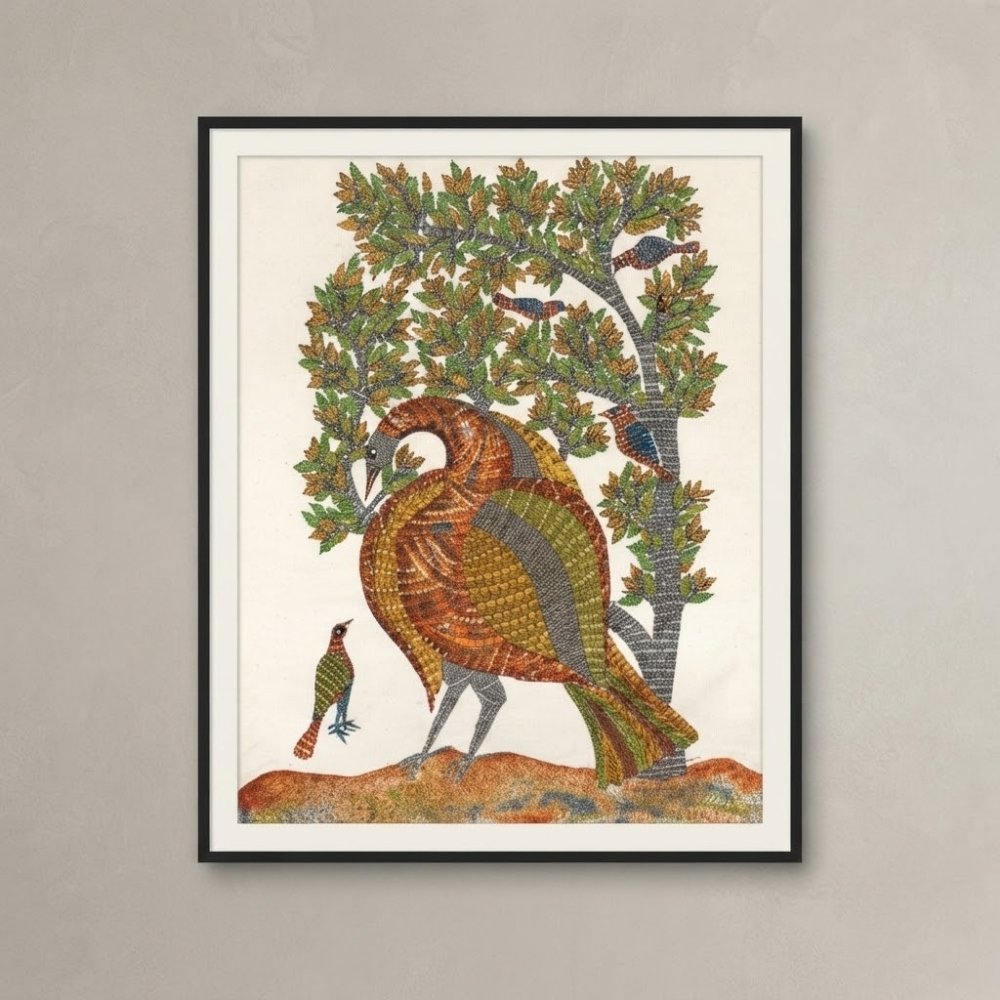 Authentic Hand-Painted Gond Tribal Painting – The Mother Bird & Forest Canopy Canvas Art