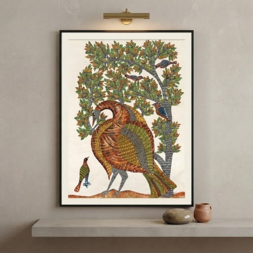Authentic Hand-Painted Gond Tribal Painting – The Mother Bird & Forest Canopy Canvas Art alternate view