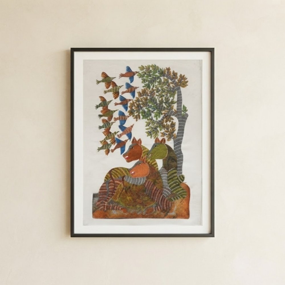 Authentic Hand-Painted Gond Tribal Painting – The Deer Family & Migratory Birds Canvas Art