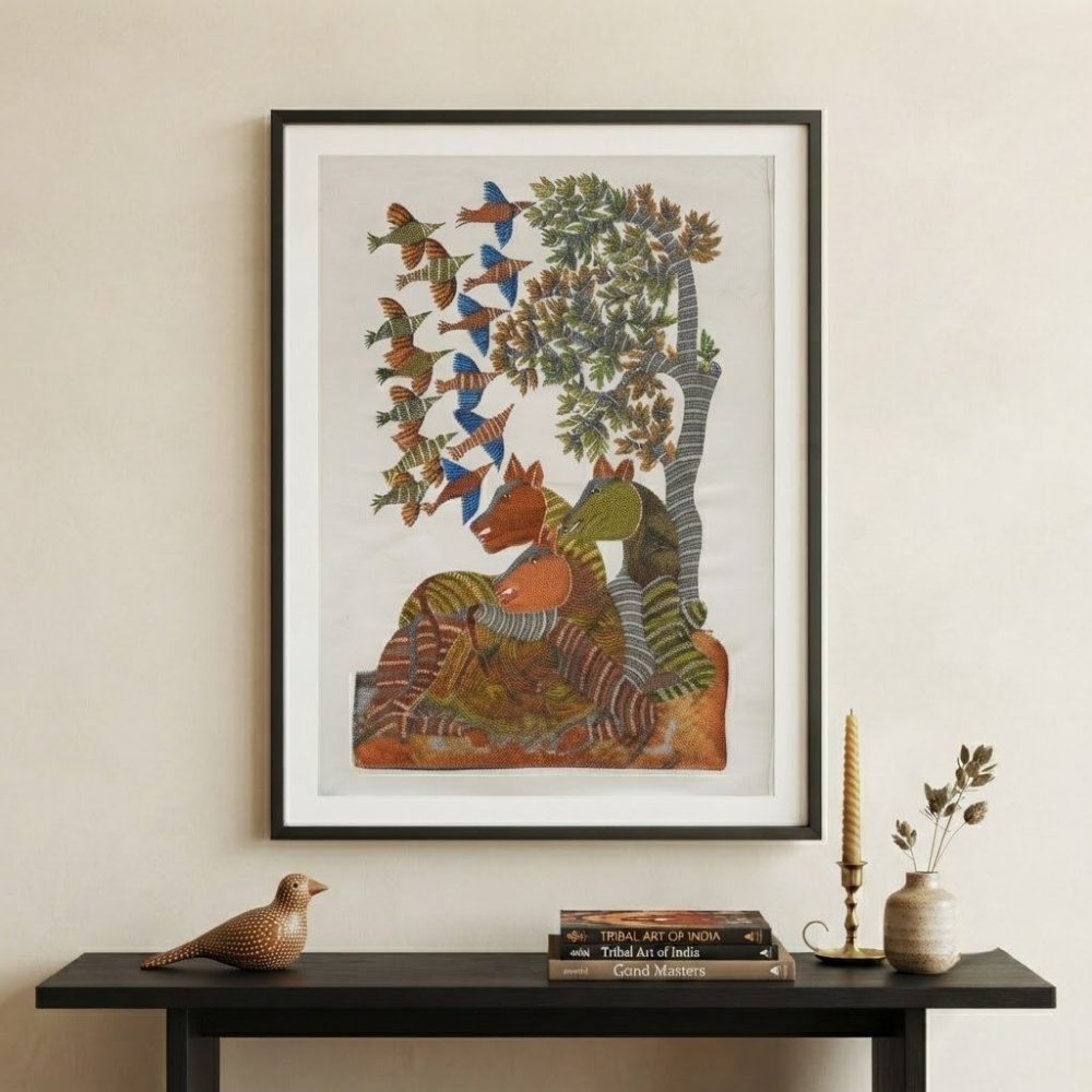 Authentic Hand-Painted Gond Tribal Painting – The Deer Family & Migratory Birds Canvas Art alternate view