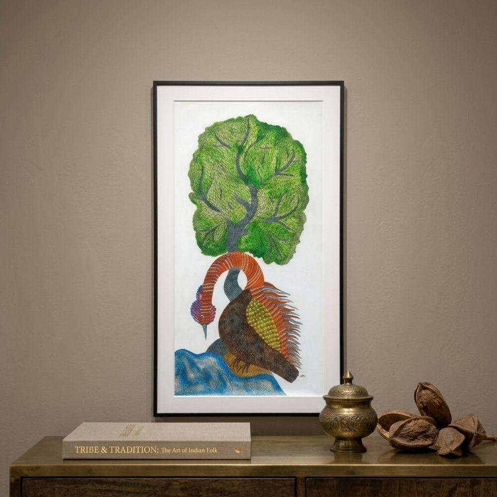 Authentic Hand-Painted Gond Tribal Painting – The Mystic Crane and Tree of Life Canvas Art alternate view