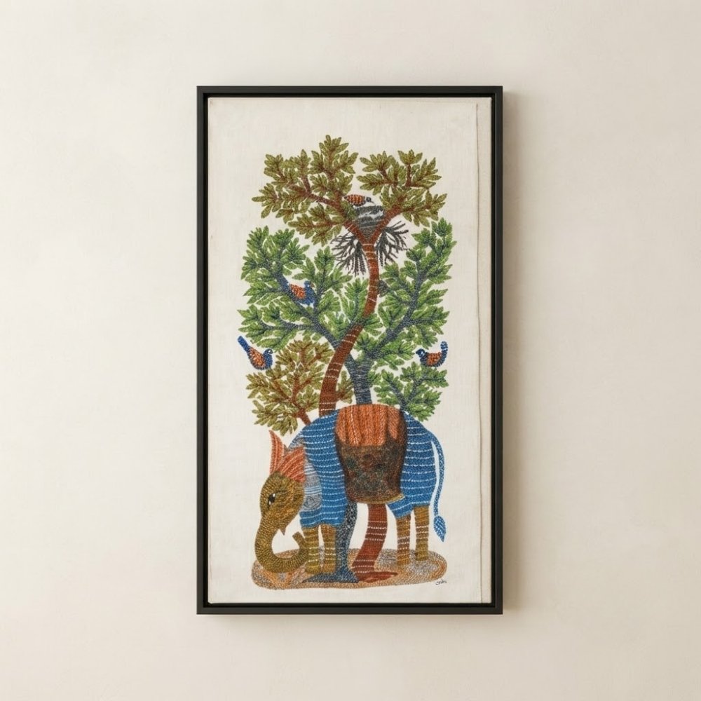 Authentic Hand-Painted Gond Tribal Painting – The Sacred Blue Elephant & Tree of Life Canvas Art