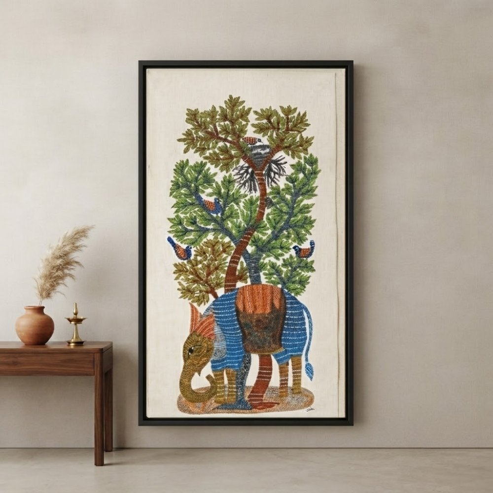 Authentic Hand-Painted Gond Tribal Painting – The Sacred Blue Elephant & Tree of Life Canvas Art alternate view