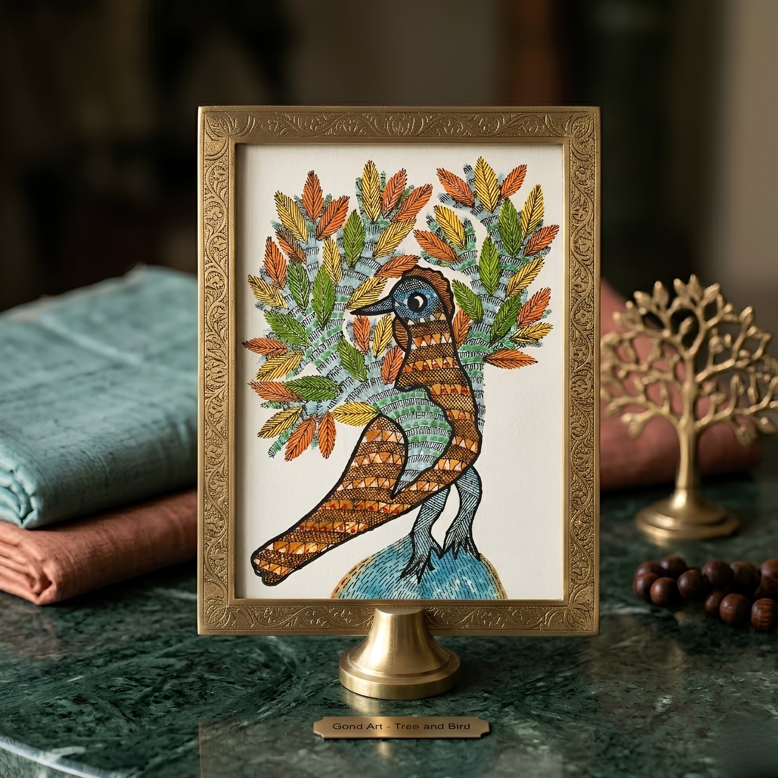 Authentic Gond Art Painting – Traditional Tribal Bird and Tree Artwork on Paper alternate view