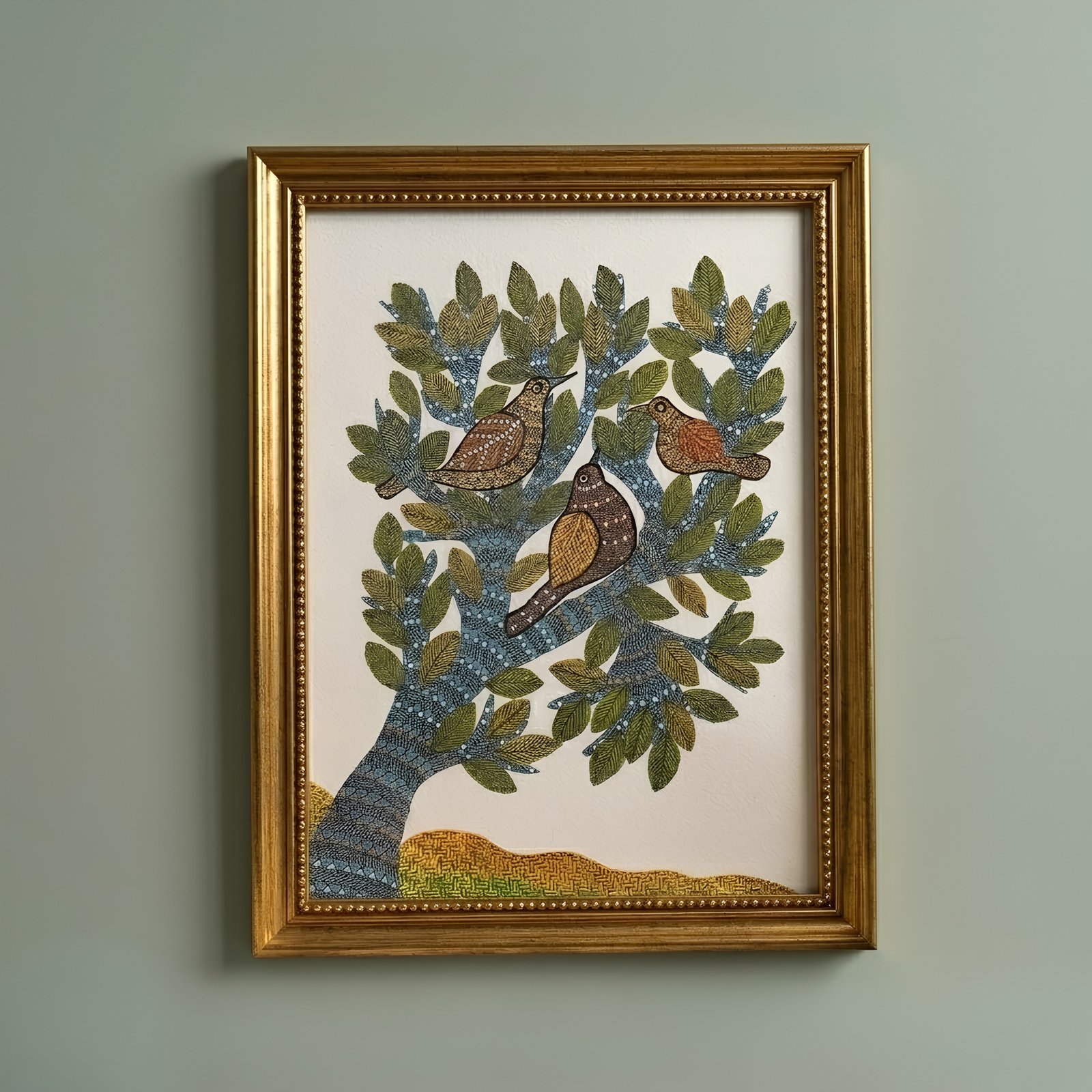 Authentic Gond Painting – Traditional Tribal Birds on Tree of Life Art