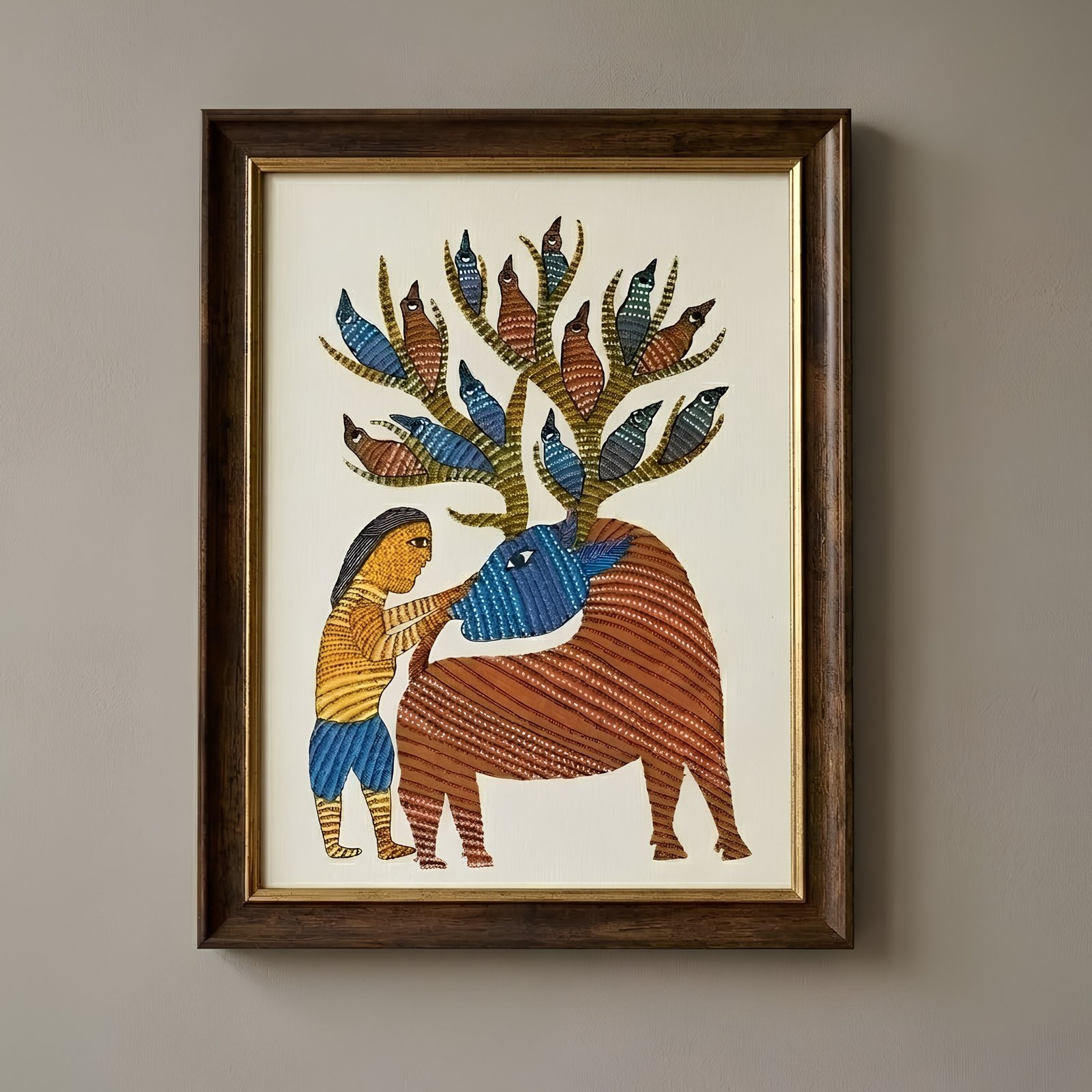 Authentic Gond Painting – Traditional Tribal Mythological Deer and Anthropomorphic Tree of Life