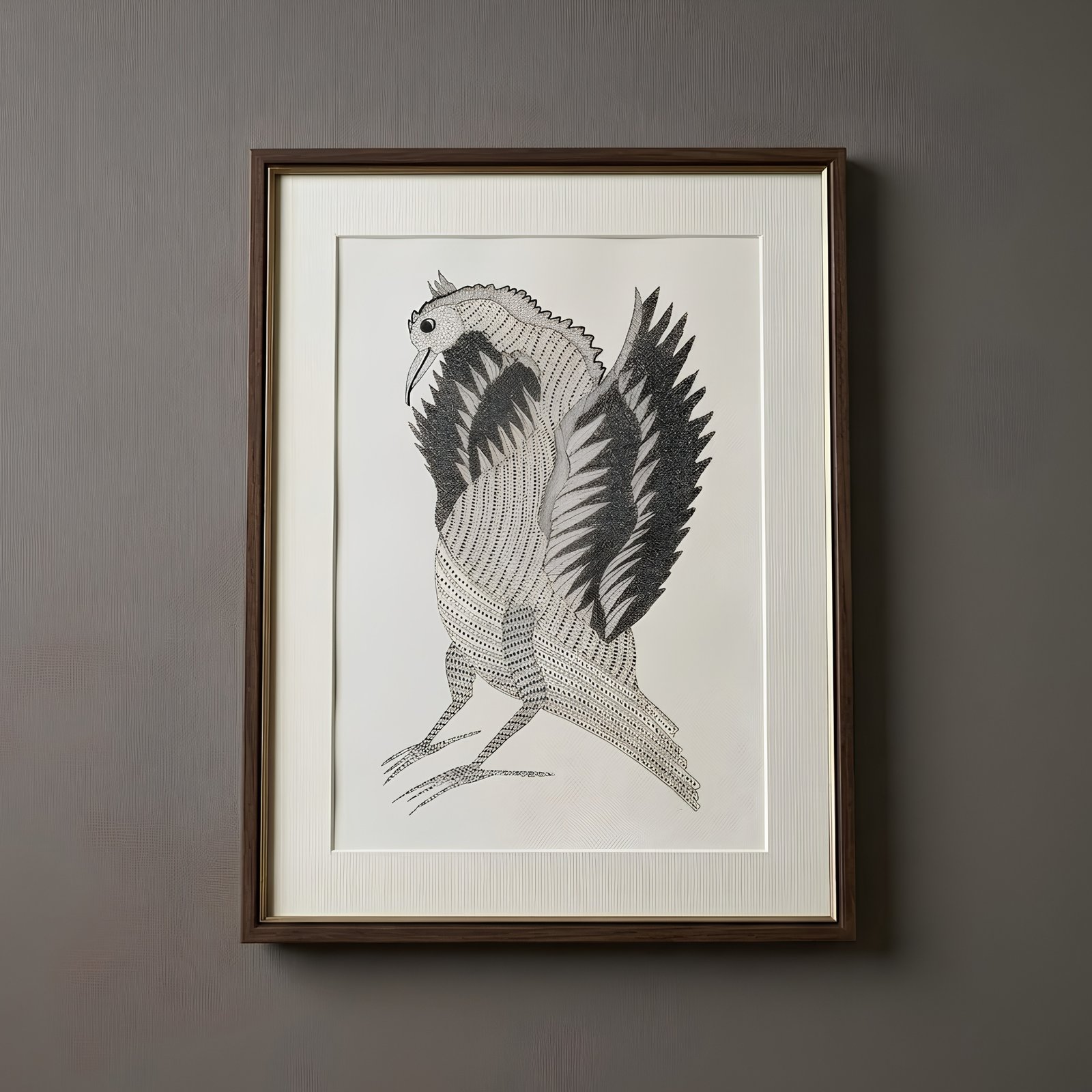 Authentic Monochrome Gond Painting – Traditional Tribal Ink Art of Mythological Bird