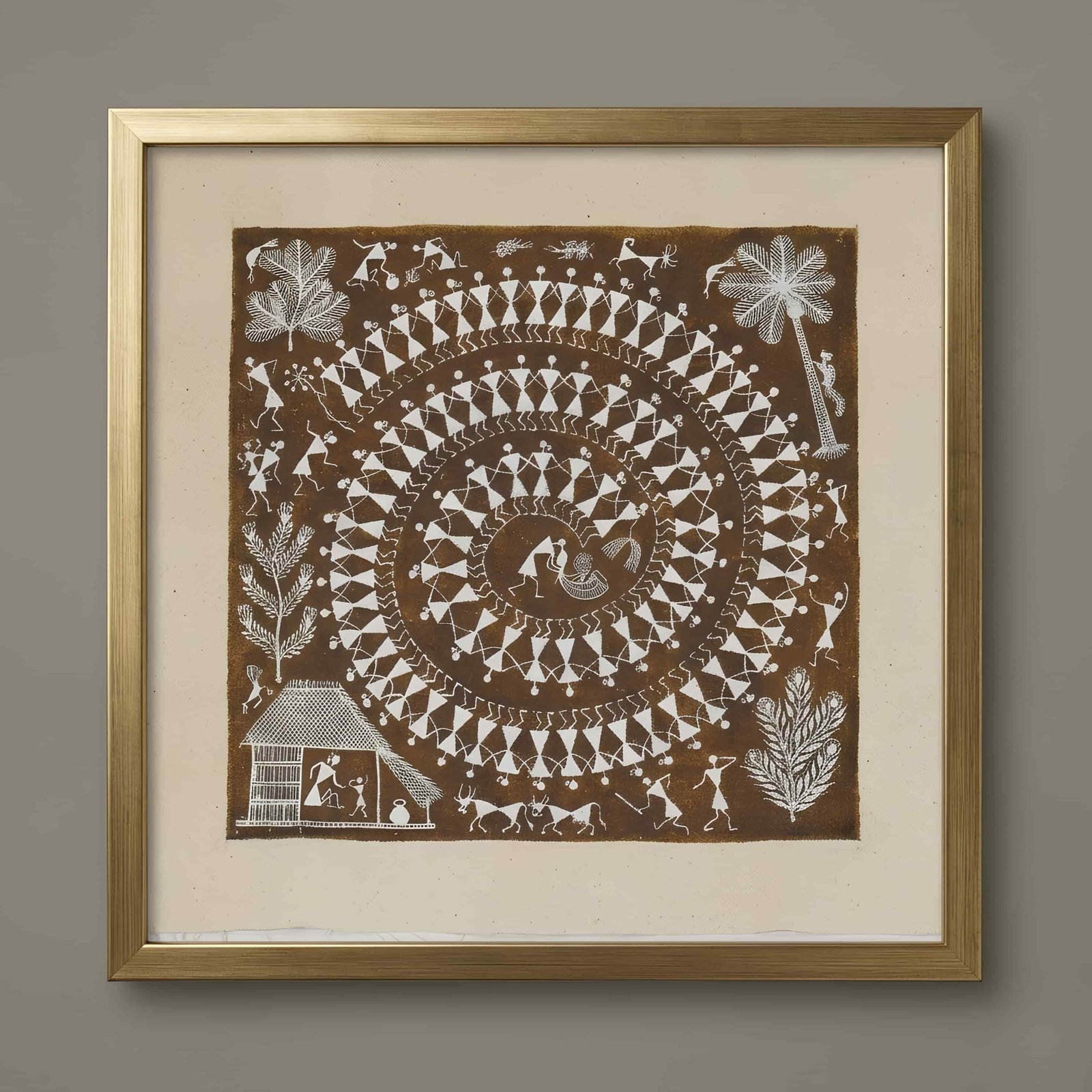 Handmade Warli Painting - Sacred Spiral Tarpa Dance