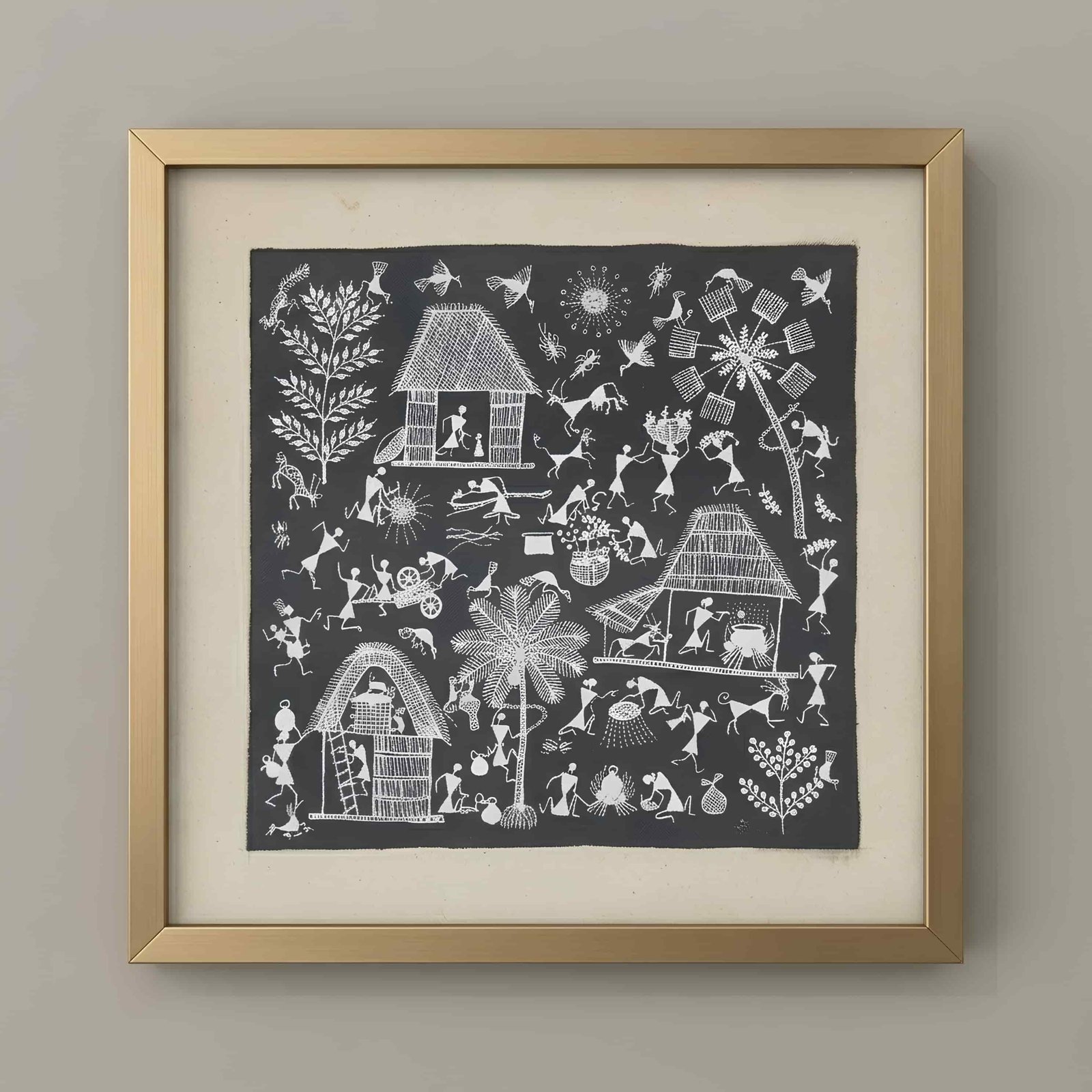 Handmade Warli Painting - Traditional Tribal Village Life